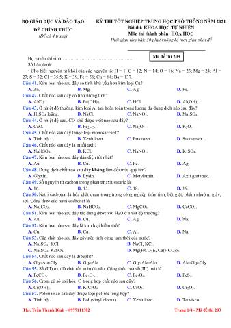 Đề thi tốt nghiệp Trung học Phổ thông môn Hóa học năm 2021 - Mã đề 203 (Có đáp án)