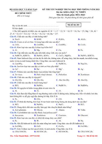 Đề thi tốt nghiệp Trung học Phổ thông môn Hóa học năm 2021 - Mã đề 201 (Có đáp án)