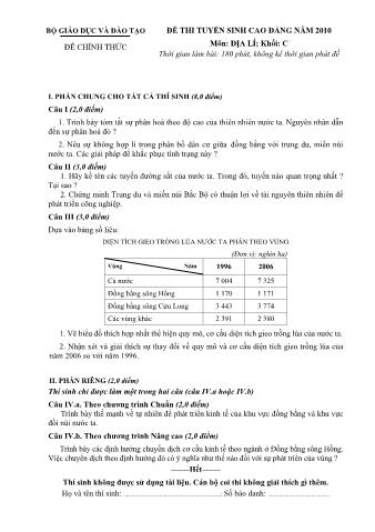 Đề thi tuyển sinh Cao đẳng môn Địa lí - Khối C - Năm học 2010 (Có đáp án)