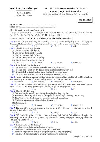 Đề thi tuyển sinh Cao đẳng môn Hóa học - Khối A, B - Mã đề: 169 - Năm học 2012 (Có đáp án)