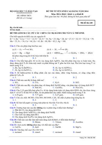 Đề thi tuyển sinh Cao đẳng môn Hóa học - Khối A, B - Mã đề: 248 - Năm học 2014 (Có đáp án)