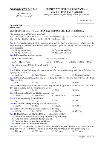Đề thi tuyển sinh Cao đẳng môn Hóa học - Khối A, B - Mã đề: 475 - Năm học 2014 (Có đáp án)
