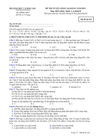 Đề thi tuyển sinh Cao đẳng môn Hóa học - Khối A, B - Mã đề: 524 - Năm học 2013 (Có đáp án)