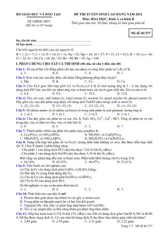 Đề thi tuyển sinh Cao đẳng môn Hóa học - Khối A, B - Mã đề: 537 - Năm học 2012 (Có đáp án)