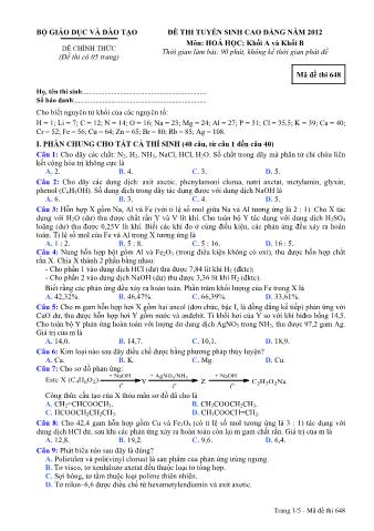 Đề thi tuyển sinh Cao đẳng môn Hóa học - Khối A, B - Mã đề: 648 - Năm học 2012 (Có đáp án)