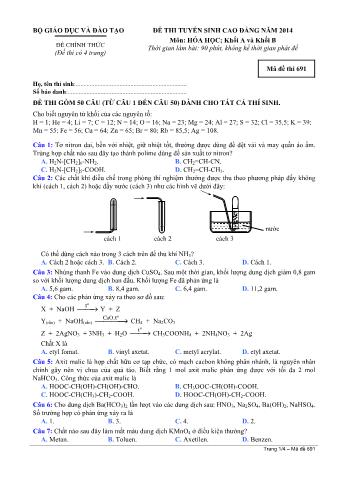 Đề thi tuyển sinh Cao đẳng môn Hóa học - Khối A, B - Mã đề: 691 - Năm học 2014 (Có đáp án)