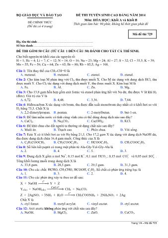 Đề thi tuyển sinh Cao đẳng môn Hóa học - Khối A, B - Mã đề: 719 - Năm học 2014 (Có đáp án)