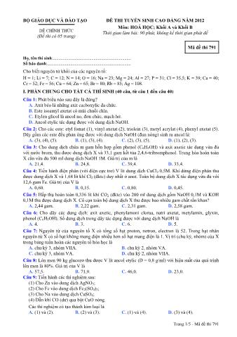 Đề thi tuyển sinh Cao đẳng môn Hóa học - Khối A, B - Mã đề: 791 - Năm học 2012 (Có đáp án)