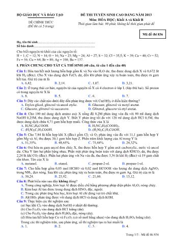 Đề thi tuyển sinh Cao đẳng môn Hóa học - Khối A, B - Mã đề: 836 - Năm học 2013 (Có đáp án)