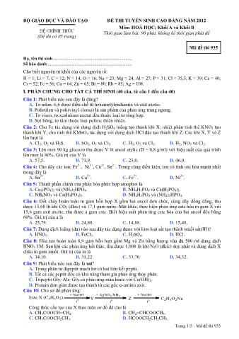 Đề thi tuyển sinh Cao đẳng môn Hóa học - Khối A, B - Mã đề: 935 - Năm học 2012 (Có đáp án)