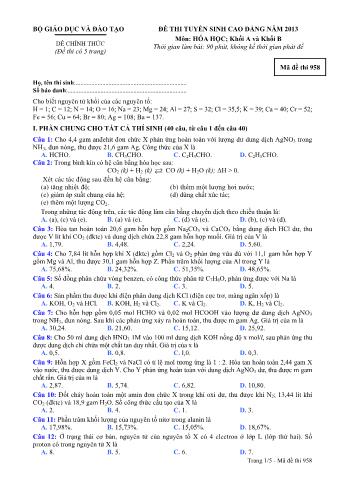 Đề thi tuyển sinh Cao đẳng môn Hóa học - Khối A, B - Mã đề: 958 - Năm học 2013 (Có đáp án)