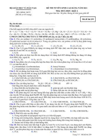 Đề thi tuyển sinh Cao đẳng môn Hóa học - Khối A - Mã đề: 259 - Năm học 2011 (Có đáp án)