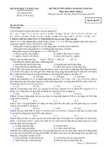 Đề thi tuyển sinh Cao đẳng môn Hóa học - Khối A - Mã đề: 497 - Năm học 2011 (Có đáp án)