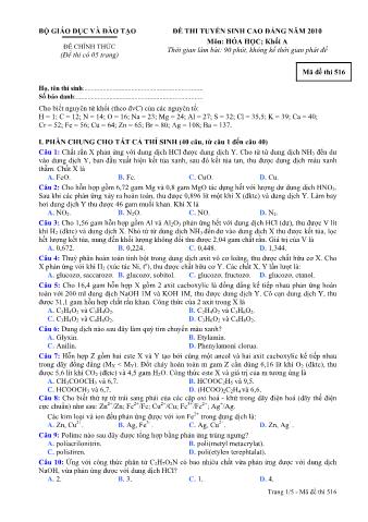 Đề thi tuyển sinh Cao đẳng môn Hóa học - Khối A - Mã đề: 516 - Năm học 2010 (Có đáp án)