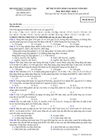 Đề thi tuyển sinh Cao đẳng môn Hóa học - Khối A - Mã đề: 624 - Năm học 2011 (Có đáp án)