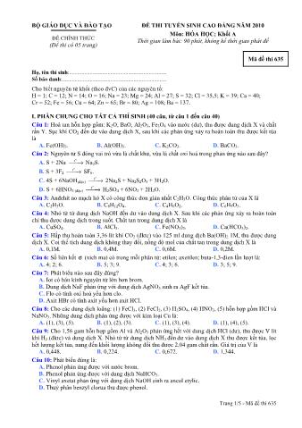 Đề thi tuyển sinh Cao đẳng môn Hóa học - Khối A - Mã đề: 635 - Năm học 2010 (Có đáp án)