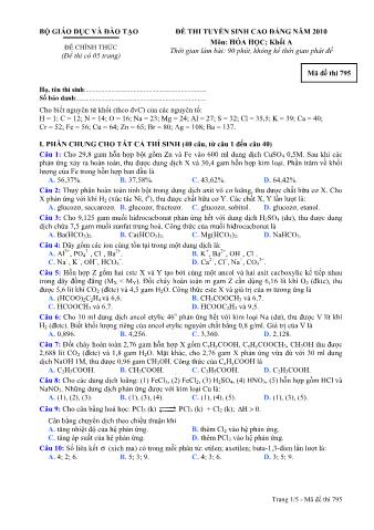 Đề thi tuyển sinh Cao đẳng môn Hóa học - Khối A - Mã đề: 795 - Năm học 2010 (Có đáp án)