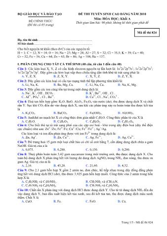 Đề thi tuyển sinh Cao đẳng môn Hóa học - Khối A - Mã đề: 824 - Năm học 2010 (Có đáp án)