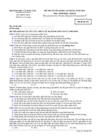 Đề thi tuyển sinh Cao đẳng môn Sinh học - Khối B - Mã đề: 197 - Năm học 2014 (Có đáp án)