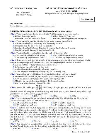 Đề thi tuyển sinh Cao đẳng môn Sinh học - Khối B - Mã đề: 251 - Năm học 2010 (Có đáp án)