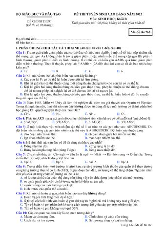 Đề thi tuyển sinh Cao đẳng môn Sinh học - Khối B - Mã đề: 263 - Năm học 2012 (Có đáp án)