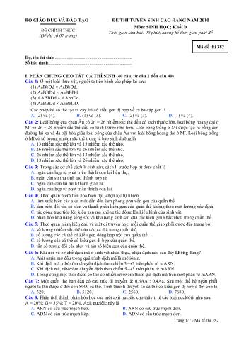 Đề thi tuyển sinh Cao đẳng môn Sinh học - Khối B - Mã đề: 382 - Năm học 2010 (Có đáp án)