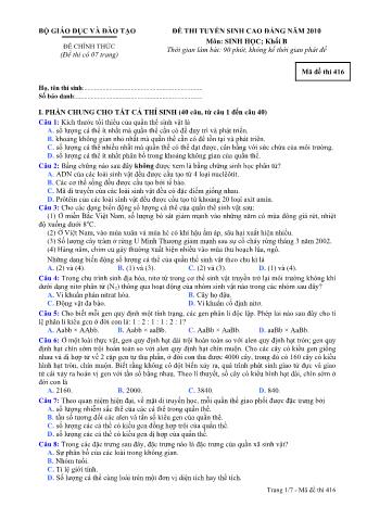 Đề thi tuyển sinh Cao đẳng môn Sinh học - Khối B - Mã đề: 416 - Năm học 2010 (Có đáp án)