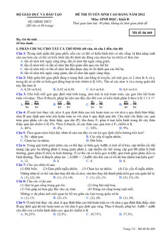 Đề thi tuyển sinh Cao đẳng môn Sinh học - Khối B - Mã đề: 468 - Năm học 2012 (Có đáp án)