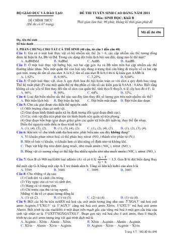 Đề thi tuyển sinh Cao đẳng môn Sinh học - Khối B - Mã đề: 496 - Năm học 2011 (Có đáp án)