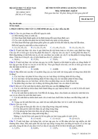 Đề thi tuyển sinh Cao đẳng môn Sinh học - Khối B - Mã đề: 519 - Năm học 2011 (Có đáp án)