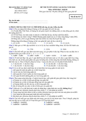 Đề thi tuyển sinh Cao đẳng môn Sinh học - Khối B - Mã đề: 527 - Năm học 2010 (Có đáp án)