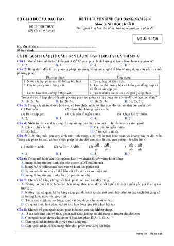 Đề thi tuyển sinh Cao đẳng môn Sinh học - Khối B - Mã đề: 538 - Năm học 2014 (Có đáp án)
