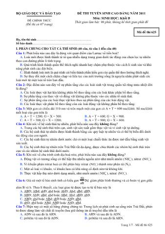 Đề thi tuyển sinh Cao đẳng môn Sinh học - Khối B - Mã đề: 625 - Năm học 2011 (Có đáp án)