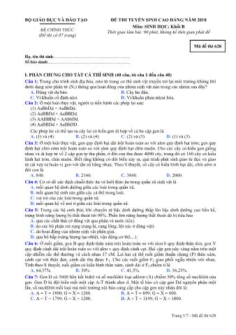 Đề thi tuyển sinh Cao đẳng môn Sinh học - Khối B - Mã đề: 628 - Năm học 2010 (Có đáp án)