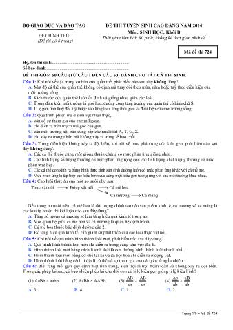 Đề thi tuyển sinh Cao đẳng môn Sinh học - Khối B - Mã đề: 724 - Năm học 2014 (Có đáp án)
