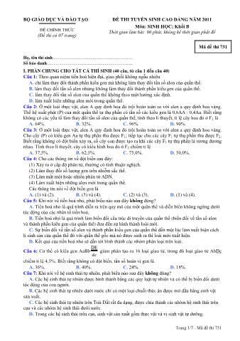 Đề thi tuyển sinh Cao đẳng môn Sinh học - Khối B - Mã đề: 731 - Năm học 2011 (Có đáp án)