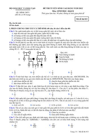 Đề thi tuyển sinh Cao đẳng môn Sinh học - Khối B - Mã đề: 815 - Năm học 2012 (Có đáp án)