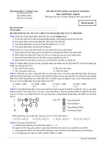 Đề thi tuyển sinh Cao đẳng môn Sinh học - Khối B - Mã đề: 846 - Năm học 2014 (Có đáp án)