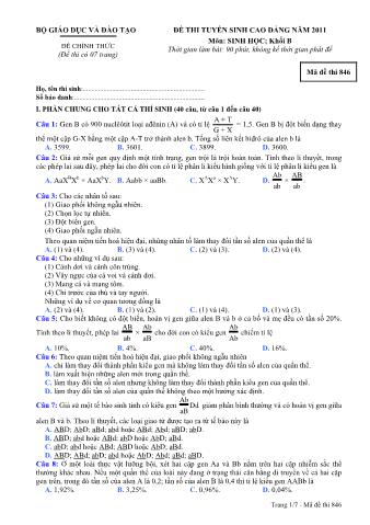 Đề thi tuyển sinh Cao đẳng môn Sinh học - Khối B - Mã đề: 846 - Năm học 2011 (Có đáp án)