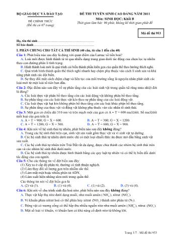 Đề thi tuyển sinh Cao đẳng môn Sinh học - Khối B - Mã đề: 953 - Năm học 2011 (Có đáp án)