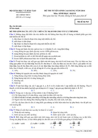 Đề thi tuyển sinh Cao đẳng môn Sinh học - Khối B - Mã đề: 963 - Năm học 2014 (Có đáp án)