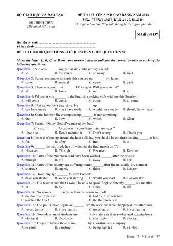 Đề thi tuyển sinh Cao đẳng môn Tiếng Anh - Khối A1, D1 - Mã đề: 137 - Năm học 2012 (Có đáp án)