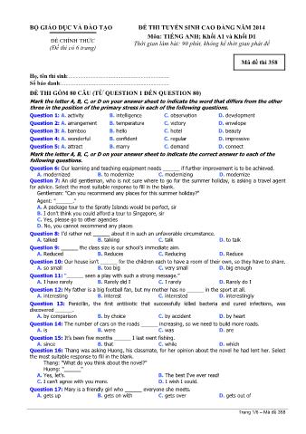 Đề thi tuyển sinh Cao đẳng môn Tiếng Anh - Khối A1, D1 - Mã đề: 358 - Năm học 2014 (Có đáp án)