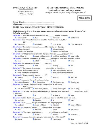 Đề thi tuyển sinh Cao đẳng môn Tiếng Anh - Khối A1, D1 - Mã đề: 394 - Năm học 2013 (Có đáp án)