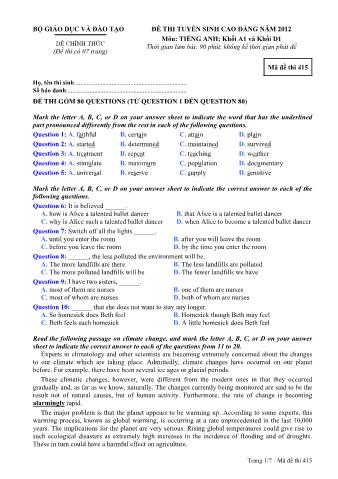 Đề thi tuyển sinh Cao đẳng môn Tiếng Anh - Khối A1, D1 - Mã đề: 415 - Năm học 2012 (Có đáp án)