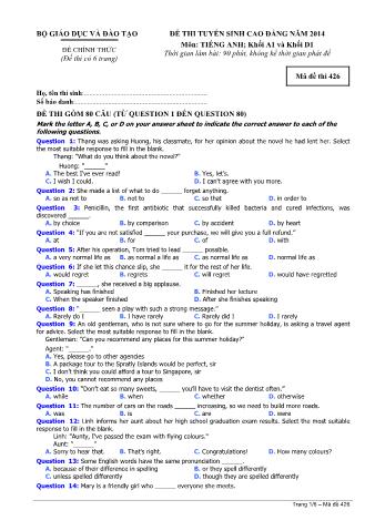 Đề thi tuyển sinh Cao đẳng môn Tiếng Anh - Khối A1, D1 - Mã đề: 426 - Năm học 2014 (Có đáp án)