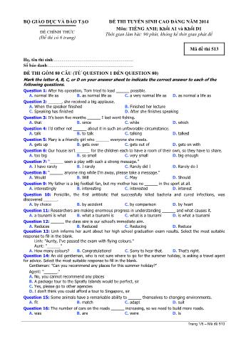Đề thi tuyển sinh Cao đẳng môn Tiếng Anh - Khối A1, D1 - Mã đề: 513 - Năm học 2014 (Có đáp án)