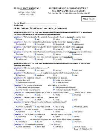 Đề thi tuyển sinh Cao đẳng môn Tiếng Anh - Khối A1, D1 - Mã đề: 528 - Năm học 2013 (Có đáp án)