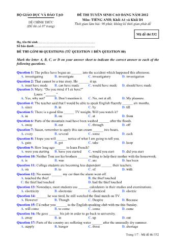 Đề thi tuyển sinh Cao đẳng môn Tiếng Anh - Khối A1, D1 - Mã đề: 532 - Năm học 2012 (Có đáp án)