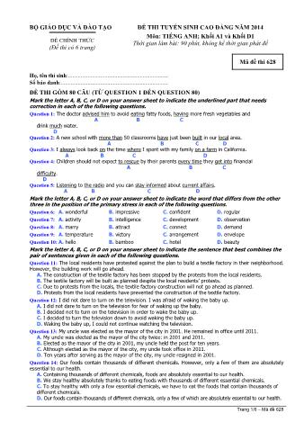 Đề thi tuyển sinh Cao đẳng môn Tiếng Anh - Khối A1, D1 - Mã đề: 628 - Năm học 2014 (Có đáp án)